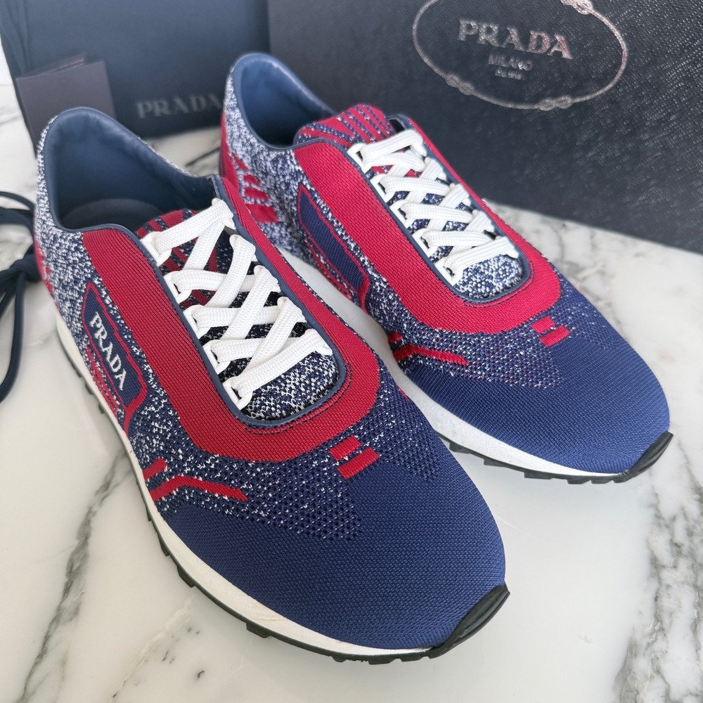 Prada‎ Knit Sneakers Mens  Indaco Scarlatto Blue Red 2EG272 Runner Shoes US 8 - Picture 4 of 12